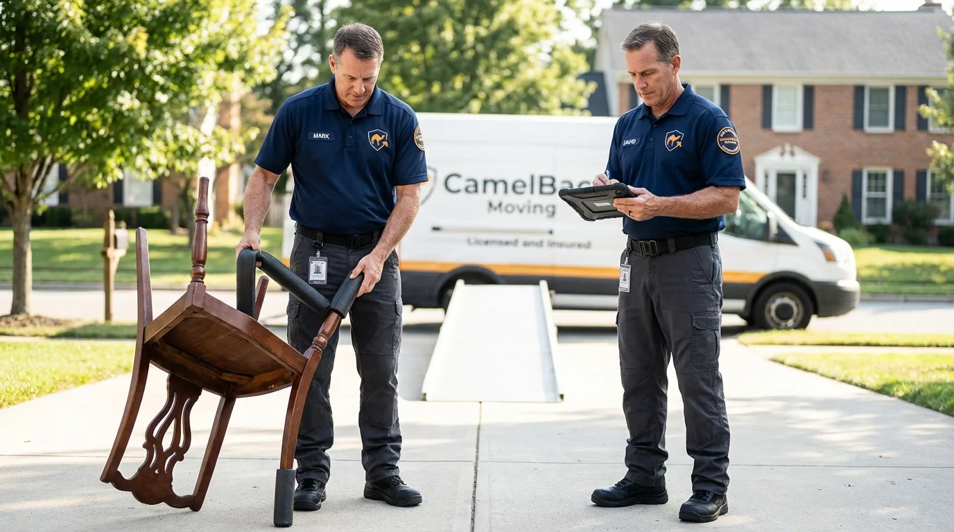 Movers inspecting furniture for damage prevention before loading in Kalkaska, MI