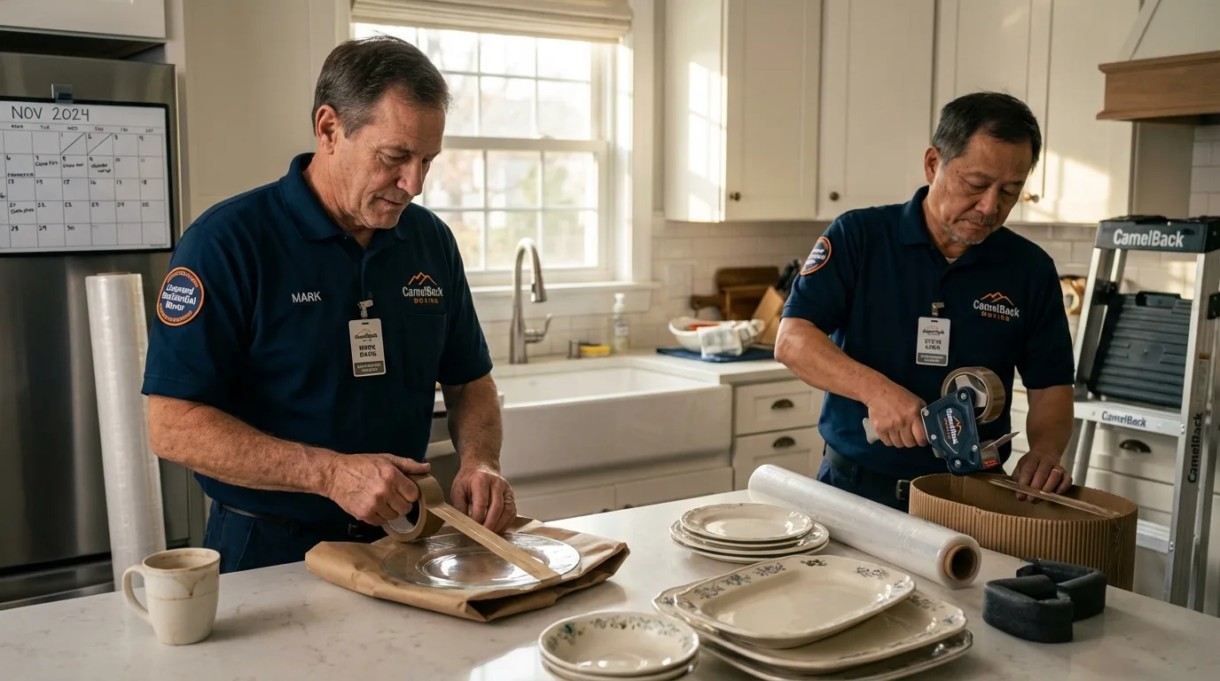Professional crew packing kitchen dishware in Kalkaska, MI